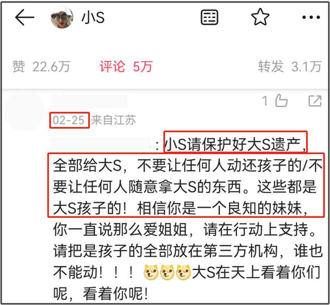 大S遗产丢失终于发酵了！小S评论区沦陷，网友喊话还给大S子女