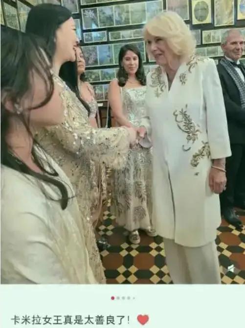 李湘还在晒英国王室合照，姿态太低惹群嘲，卡米拉用指尖和她握手