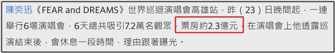太拼！台媒曝陈奕迅演唱会票房超5500万，怪不得身体没恢复就上台