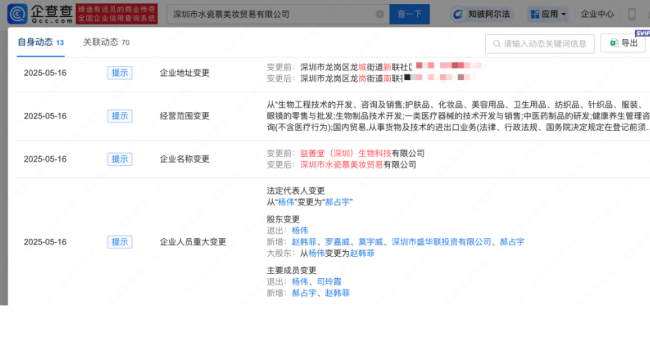 黄杨钿甜父亲近日退出的公司被列为经营异常