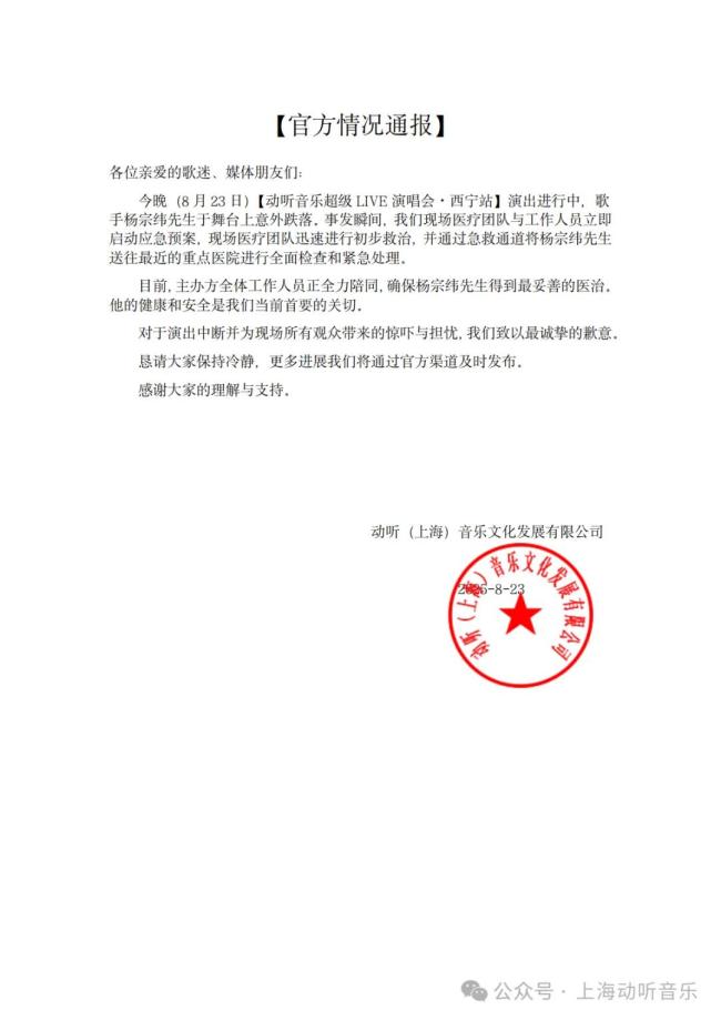 杨宗纬发文报平安 演唱会意外跌落送医