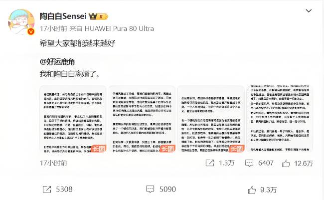 陶白白前妻透露离婚原因 和平分手获赞