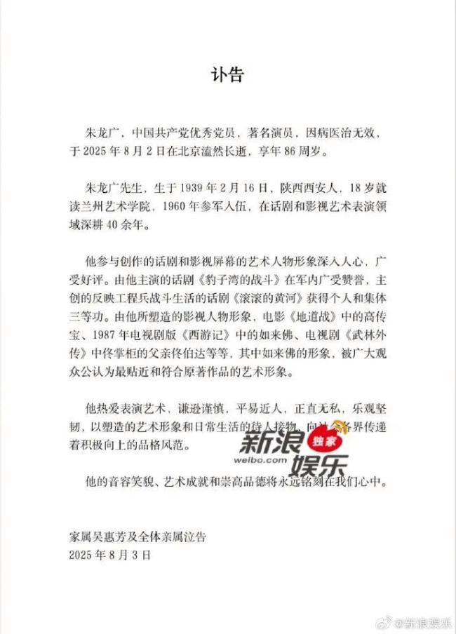 87版西游记如来佛扮演者朱龙广去世