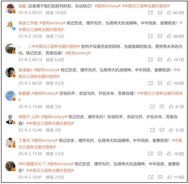 众星转发抗战胜利！林柏叡成台娱首位转发艺人，蔡依林五月天沉默